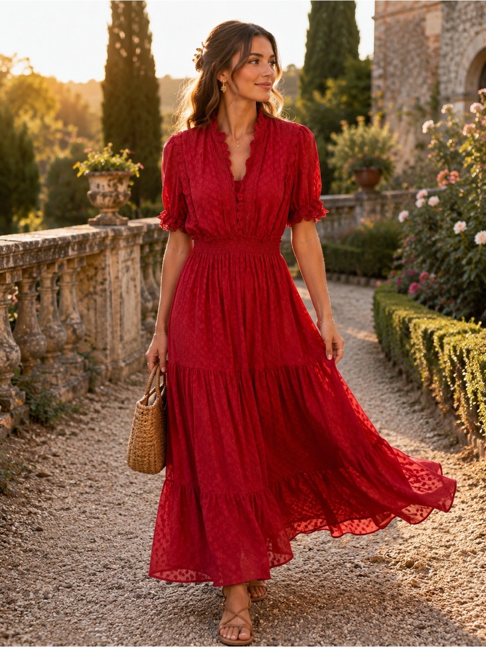 Max Studio Red Swiss Dot Maxi Dress Small Lace Trim Smocked Waist Lined Boho